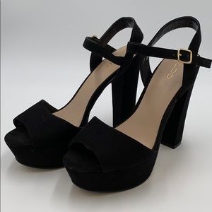 Aldo Black Suede Open Toe Single Strap 5” Heels